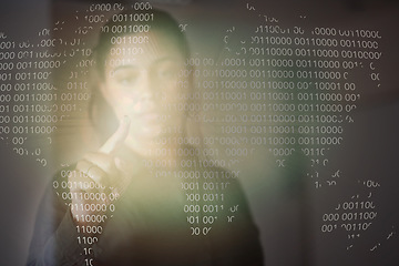 Image showing Digital, finance and woman with numbers on a screen for accounting, investment and stock market analysis. Business, exchange and an accountant reading data for economy, sales and stocks information