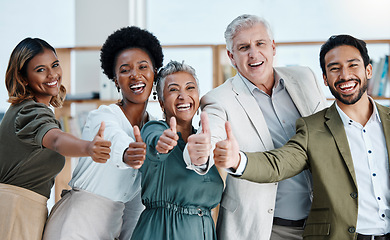 Image showing Thumbs up, portrait and happy business people in office with thank you sign, gesture and positive symbol. Diversity, hands and face of team with finger emoji for cooperation, coworking and solidarity