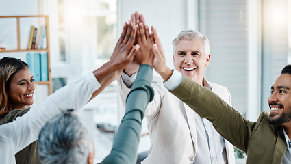 Image showing Teamwork, high five and hands of business people in office for motivation, support and success celebration. Collaboration, team building and men and women connect for diversity, goals and partnership