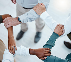 Image showing Teamwork, collaboration and hands of business people in shape for motivation, support and community. Diversity, team building and top view of arms in pentagon for goals, trust and mission in office