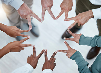 Image showing Teamwork, support and hands of business people in peace sign for motivation, goals and mission in office. Collaboration, team building and top view of employees star for diversity, trust and success