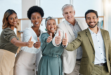 Image showing Portrait, thumbs up and business people in office with thank you sign, gesture and positive symbol. Diversity, hands and face of team with finger emoji for cooperation, coworking and solidarity