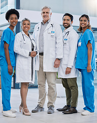 Image showing Doctor, nurses and healthcare portrait in a hospital and clinic with wellness leadership team. Doctors, community and diversity of professional health and employee group with a smile and happiness