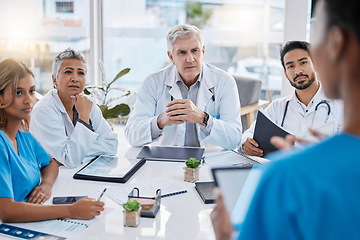 Image showing Presentation, teamwork and doctors in meeting with documents for medical strategy, planning and consulting. Healthcare, collaboration and leader with people in discussion, talking and conference