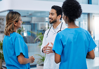 Image showing Discussion, teamwork and doctors in meeting in hospital for medical strategy, diagnosis and treatment. Healthcare, collaboration and man doctor with nurses for consulting, planning or surgery results