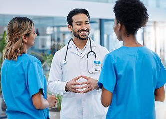 Image showing Teamwork, discussion and doctors in meeting in hospital for medical strategy, diagnosis and treatment. Healthcare, collaboration and man doctor with nurses for consulting, planning or surgery results