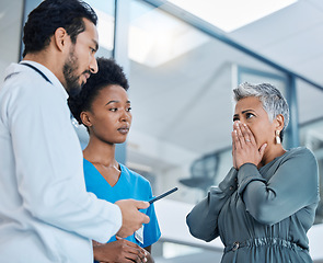 Image showing Shocking news, hospital and upset patient with healthcare team and doctor results of cancer problem. Stress, surprised and senior woman hearing medical report and risk with fear and worry in clinic