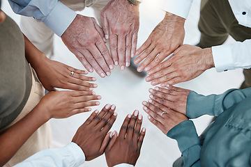 Image showing Teamwork, diversity and hands of business people in circle for motivation, support and community in office. Collaboration, team building and top view of employees palms for goal, trust and solidarity