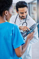 Image showing X ray, mri analysis and doctor team with conversation and medical collaboration in a hospital. Healthcare, clinic and nurse worker with an xray doing problem solving with professional assessment