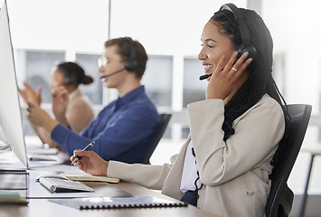 Image showing Woman, call center and writing notes, smile in office and working on customer service in workplace. Telemarketing, talking and happiness of person, female sales agent or consultant consulting online.