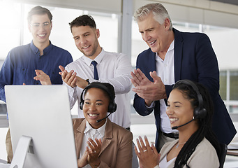 Image showing Business people, call center and applause in office with teamwork, celebration and diversity. Men, woman and crm team building with group, support and celebrate with excited face for video conference