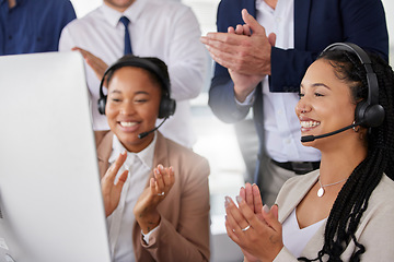 Image showing Women, call center and applause in office with teamwork, celebration and diversity. Business people, men and crm team building with group, support and celebrate with excited face for video conference