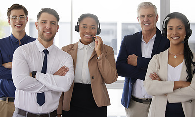 Image showing Group, call center and office portrait with diversity, team building and happiness with solidarity at agency. Men, woman and crm for teamwork, support or motivation with excited face in telemarketing