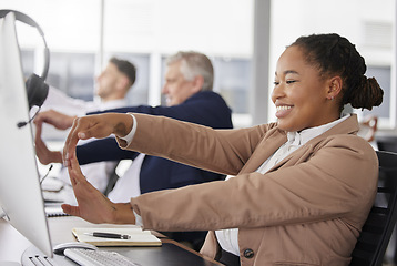 Image showing Woman, call center and stretching hand at desk for exercise, muscle wellness and relief for stress with smile. Business people, customer service staff and health of hands in training at team building