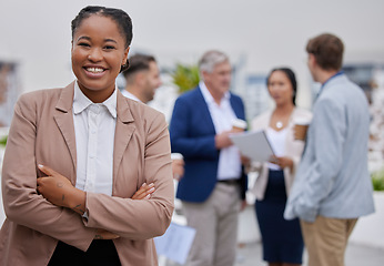 Image showing Business portrait, black woman and office team with collaboration and manager with a smile. Planning, happiness and teamwork of company group with a proud boss ready for work and job leadership