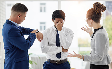 Image showing Late, deadline and stress from worker from angry management team in a office. Upset, anxiety and fatigue of a business man behind time with frustrated manager in a company feeling disappointed