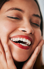 Image showing Face closeup, woman laughing and makeup of a gen z, youth and female model with cosmetics. Laugh, carefree and natural beauty of a young person with skin textures and cosmetic care with self love