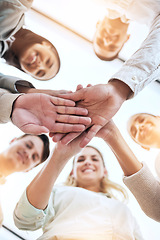 Image showing Business people, hands stack and circle with smile, team building and support for goals in workplace. Men, women and teamwork with solidarity for happiness, motivation and trust with diversity at job