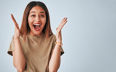 Image showing Happy, wow and portrait of woman in studio for good news, surprise and announcement on grey background. Face, emoji and female excited for deal, sale or promotion, omg and open mouth while isolated