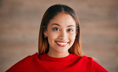 Image showing Woman, smile and happiness portrait of a gen z female with positivity and excited. Isolated, happy and proud of a young person feeling carefree, youth and confidence with motivation and smiling