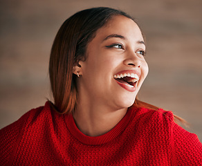 Image showing Woman, laugh and happiness of a gen z female with motivation and comedy. Isolated, happy and excited smile from a young person feeling carefree, youth and confidence with laughter from funny joke