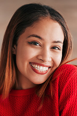 Image showing Happy, beautiful and portrait of a young woman isolated on a studio background. Happiness, content and closeup of the face of a girl relaxing, looking comfortable and attractive on a bokeh backdrop