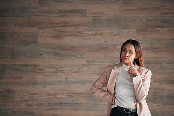 Image showing Thinking, business woman and studio idea for person contemplating plan, solution or problem solving ideas. Brainstorming entrepreneur, thoughtful and mockup entrepreneurship on wooden wall background