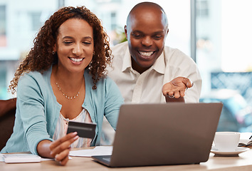 Image showing Laptop, credit card and couple online shopping in home, payment or digital banking. Ecommerce, computer and happy black man and mature woman with fintech, sales or interracial purchase on web store.