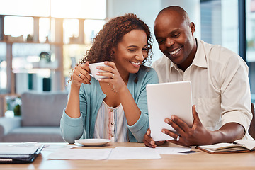 Image showing Couple, tablet and planning for finance, budget or application for loan on fintech app in home. Happy black man, woman or reading on touchscreen ux with smile, financial goals and investment growth