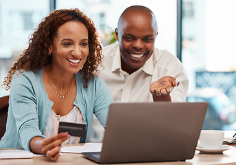 Image showing Laptop, credit card and couple online shopping in home, payment or digital banking. Ecommerce, computer and happy black man and mature woman with fintech, sales or interracial purchase on web store.