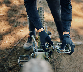 Image showing Hands, bicycle and repair pedal in woods for speed, dirt and nature in summer for extreme sport athlete. Man, Mountain bike expert and outdoor for workout, training and exercise in forest