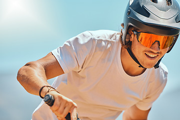 Image showing Race, sports and a man on a bike for cycling, training and cardio fitness in nature. Happy, summer and cyclist on a bicycle for a workout, contest or cycle competition for exercise and transportation