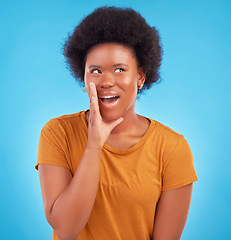 Image showing Black woman, hand on mouth and secret gossip in studio, sharing exciting news or drama on blue background. Deal announcement, whisper and happy African girl with afro, discussion isolated in privacy.