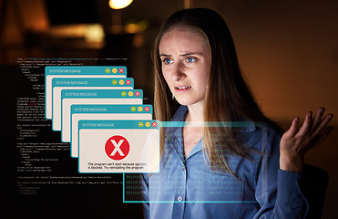 Image showing System, software and woman with error, message and glitch in workplace with cyber security at night. Female coder, lady and programmer with holographic, database virus and online issue with anxiety