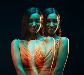 Image showing Neon green light, woman portrait and double exposure of fashion with beauty and art aesthetic. Creative art lighting, female and model with a dark background in a studio lights with modern style