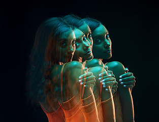 Image showing Green light, fashion portrait and woman double exposure with beauty and art aesthetic. Creative neon lighting, young female and model with a dark background in a studio with modern style and fashion