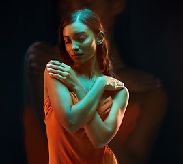 Image showing Green light, double exposure and Indian woman with beauty, glowing skin and art. Creative lighting, young female and model with a dark background in studio with modern style and relax feeling