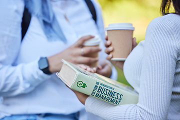 Image showing Study book, lunch break or friends at park, university campus or outdoor learning, education and reading. Closeup of girl students relaxing together with research school books or college knowledge