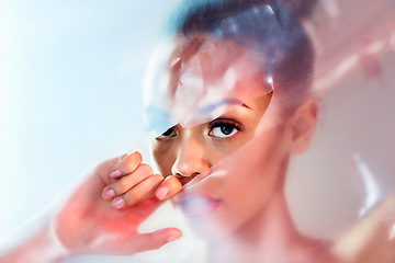 Image showing Plastic, skincare portrait and woman with cosmetics breakthrough with makeup studio aesthetic. Beauty, red lipstick and face glow of a female model cover with creative lighting and package art