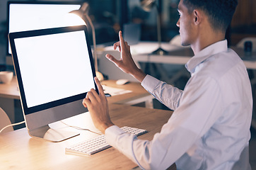 Image showing Night business, man and computer mockup for interactive user interface, web design and connection screen. Worker, desktop mock up and virtual technology for innovation, cyber dashboard and digital ui