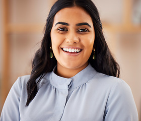 Image showing Happy, smile and portrait of Indian woman in office for management, empowerment and confidence. Happiness, executive and vision with face of employee for positive, expert and professional career