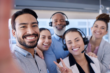 Image showing Team building, smile or call center people selfie in telemarketing company or agency together. CRM support, portrait or happy customer services employees laughing or bonding in telecom sales office