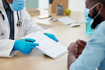 Image showing Doctor, covid consultation and clipboard with results, test or information in hospital. Healthcare, medical professional and black man with patient documents for advice, health insurance or checklist