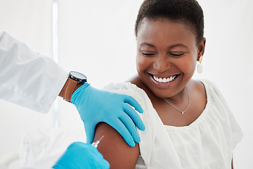 Image showing Doctor, black woman and vaccine injection with smile for safety, immunity and prevention. Covid, healthcare and medical professional with vaccination, cure or medicine for happy patient in clinic.