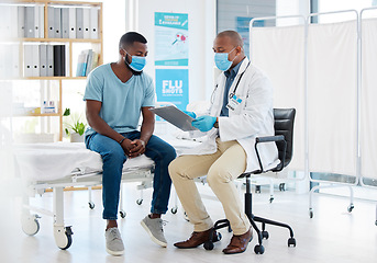 Image showing Doctor, consultation and covid results on clipboard with black man for checkup, test or examination. Healthcare, medical professional and checklist for advice, diagnosis or information in clinic.