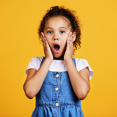 Image showing Portrait, wow and girl surprise, shock and kid amazed against a studio back ground. Face, young person and female child with facial expression, emoji and touching cheeks with news and announcement