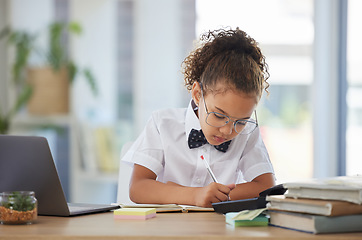 Image showing Writing, business dress up and child planning in a notebook doing pretend work. Children game, glasses, and document of a play professional and youth worker with focus and working on a schedule