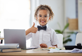 Image showing Success, winner and child with thumbs up on laptop for achievement, victory and online results. Business, workspace and young girl on computer with hand gesture smile, happy and excited for goals