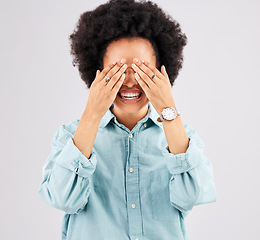 Image showing Eyes, cover and surprise with woman in studio for celebration, announcement and reaction. Happy, smile and funny with female hiding isolated on white background for expression, excited and wow