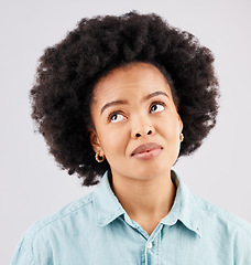 Image showing Thinking, space and face of black woman in studio for mockup, idea and promotion. Show, information and mockup with female isolated on white background for logo, announcement and advertising